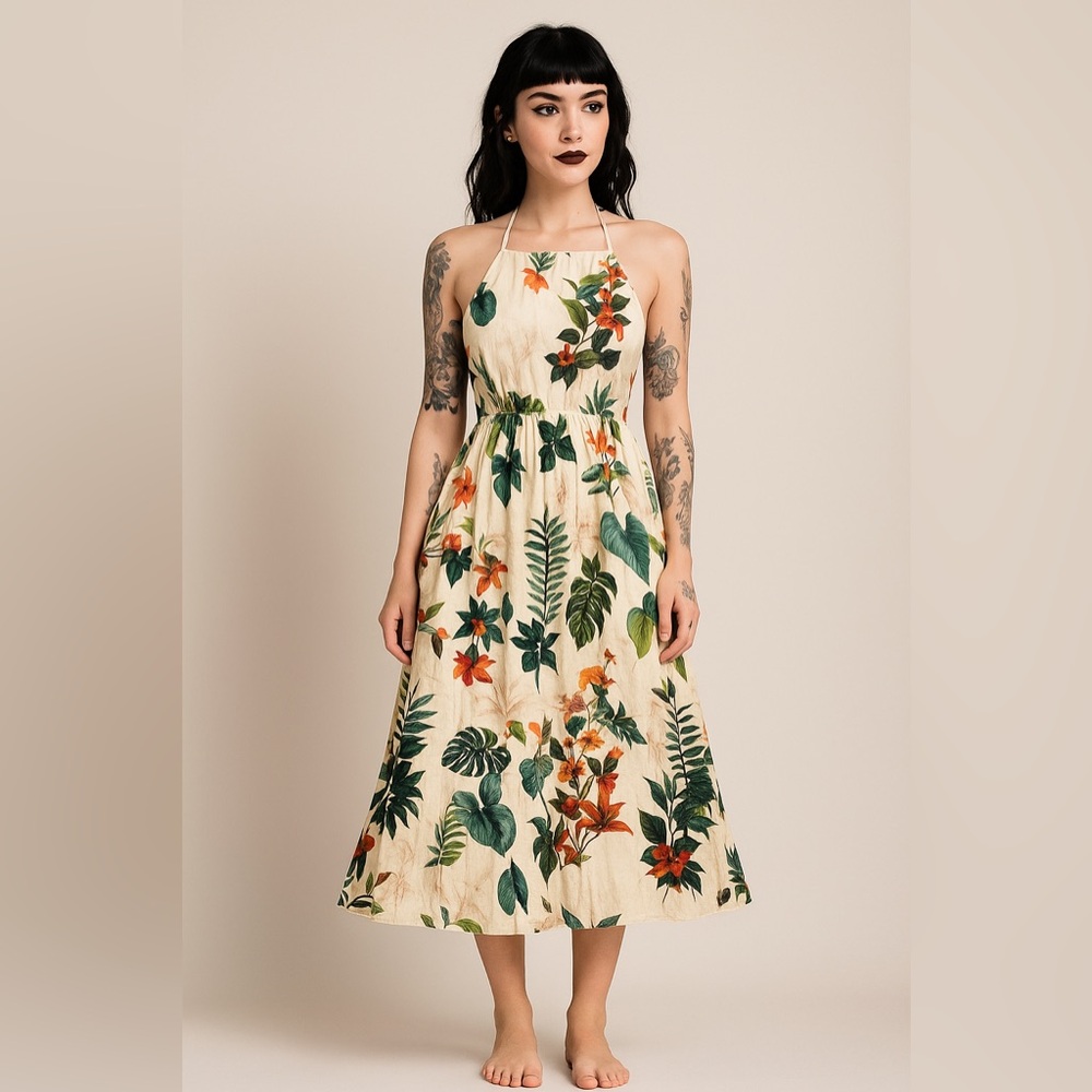 Tropical Halter Midi Dress | Backless Jungle Print | Size Latge